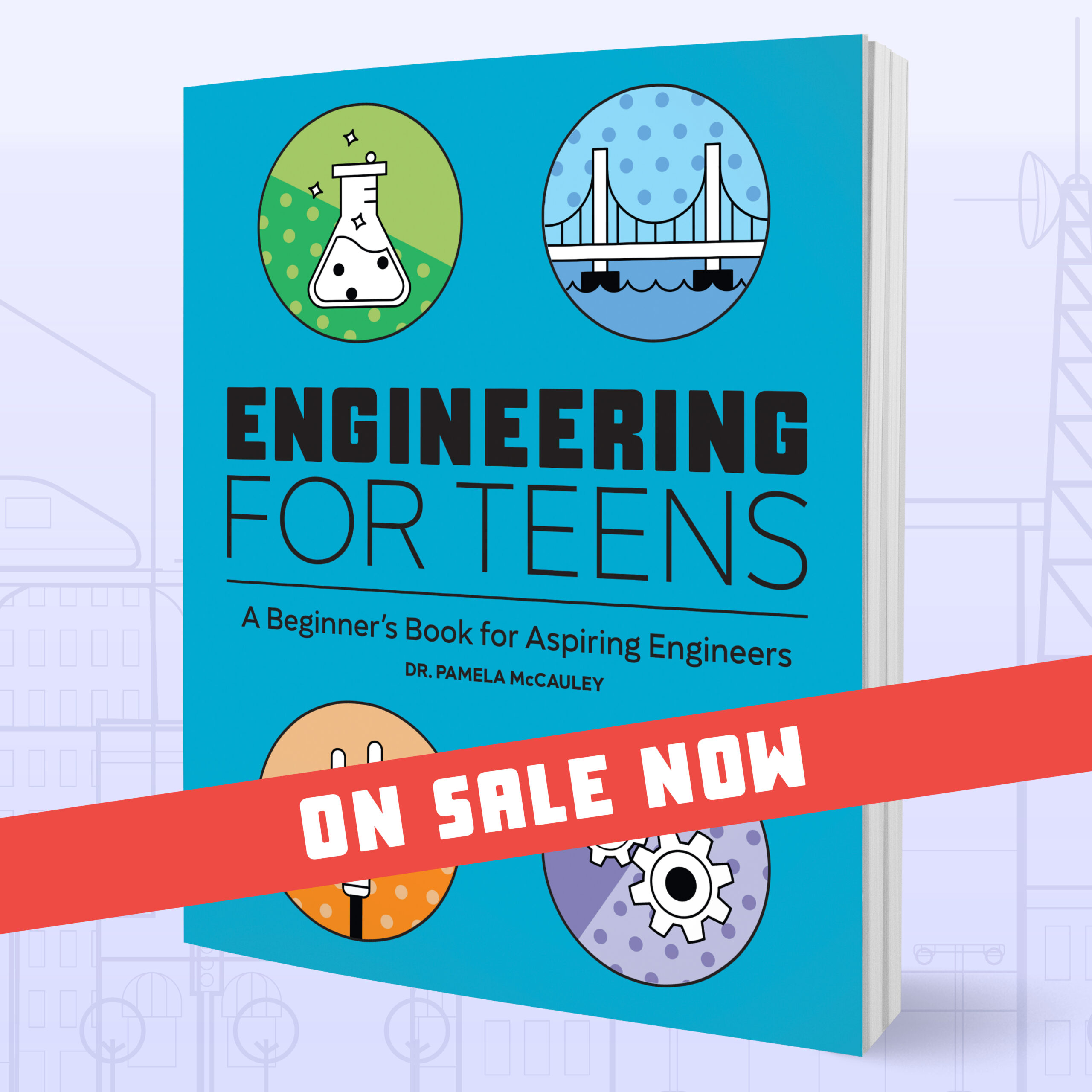 engineering for teens blue book with red ribbon that says on sale now